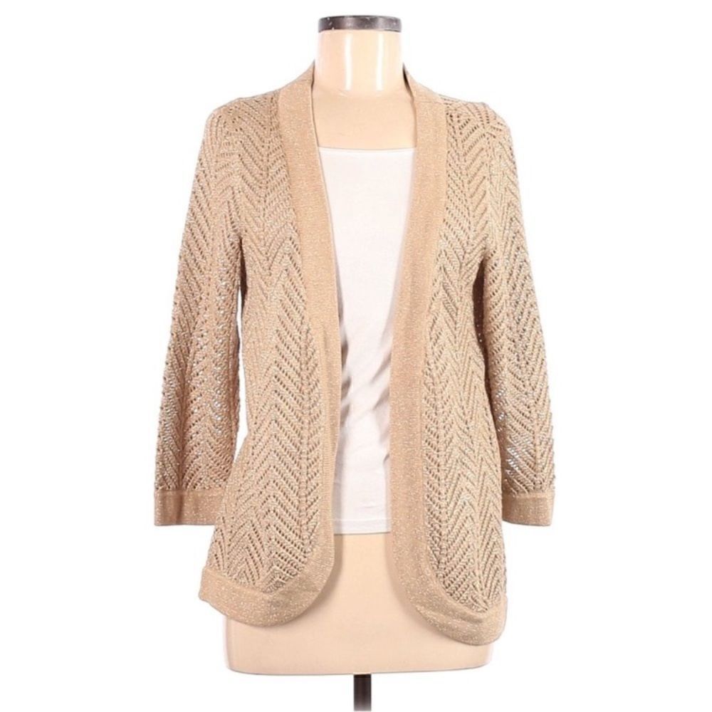 ‎Peter Nygard Gold Metallic Knit Cardigan Sweater, Size Medium Petite
